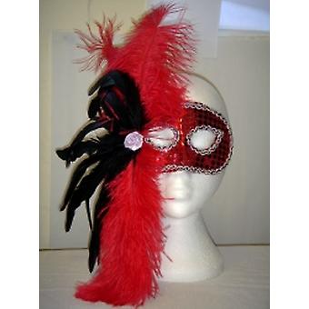 Red Sequin Augenmaske mit roten und schwarzen Federn. (1)